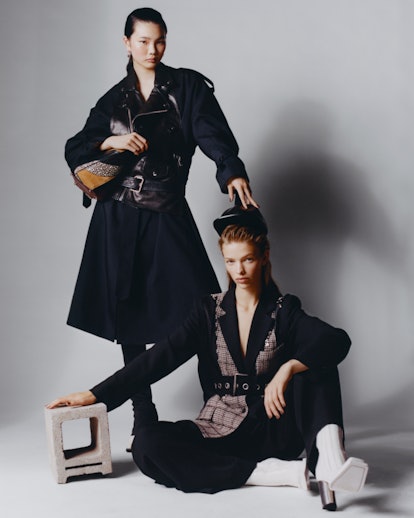 Two models wearing Proenza Schouler vest; Jennifer Fisher earrings. JW Anderson blazer, Proenza Scho...