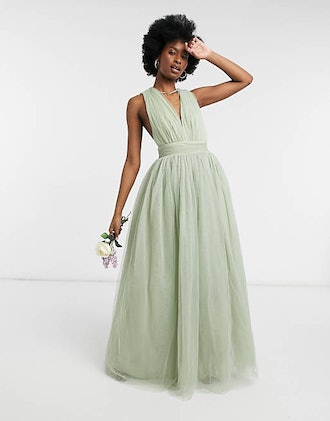 Tulle Plunge Maxi Dress With Bow Back Detail In Sage