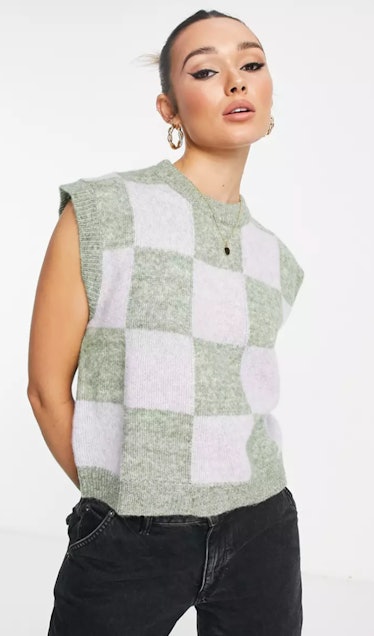 Envii Oversized Sweater Vest In Green Grid Check