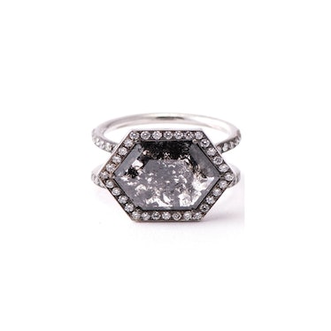hexagon salt and pepper diamond engagement ring in white gold