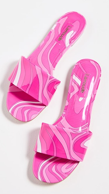 Larroude pink sandals to wear with trousers
