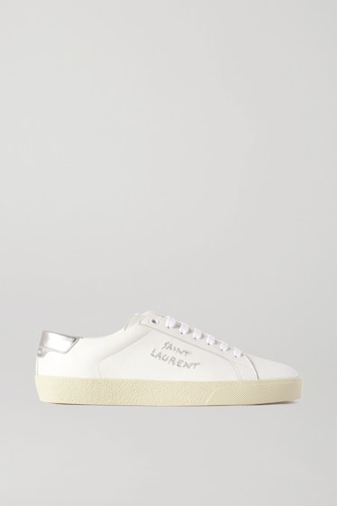 Court Classic Metallic Logo-Embroidered Leather Sneakers