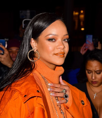 Rihanna orange outfit and lipstick 2022