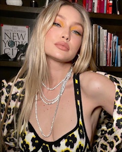 Gigi Hadid yellow eyeshadow leopard bra set