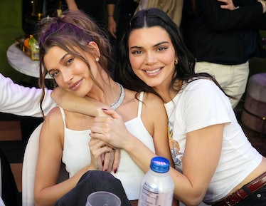 Hailey Bieber and Kendall Jenner attend Super Bowl LVI at SoFi Stadium on February 13, 2022 in Ingle...