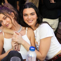 Hailey Bieber and Kendall Jenner attend Super Bowl LVI at SoFi Stadium on February 13, 2022 in Ingle...