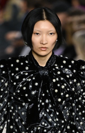 A model walks the runway during the Balmain Womenswear Fall Winter 2023-2024 show as part of Paris F...