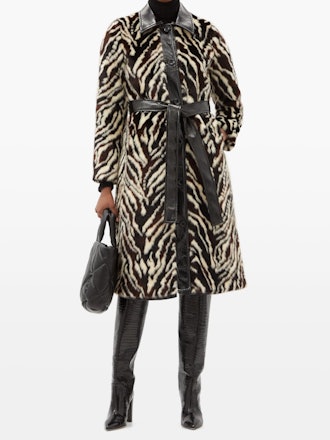 Aurora Belted Zebra-Print Faux-Fur Coat